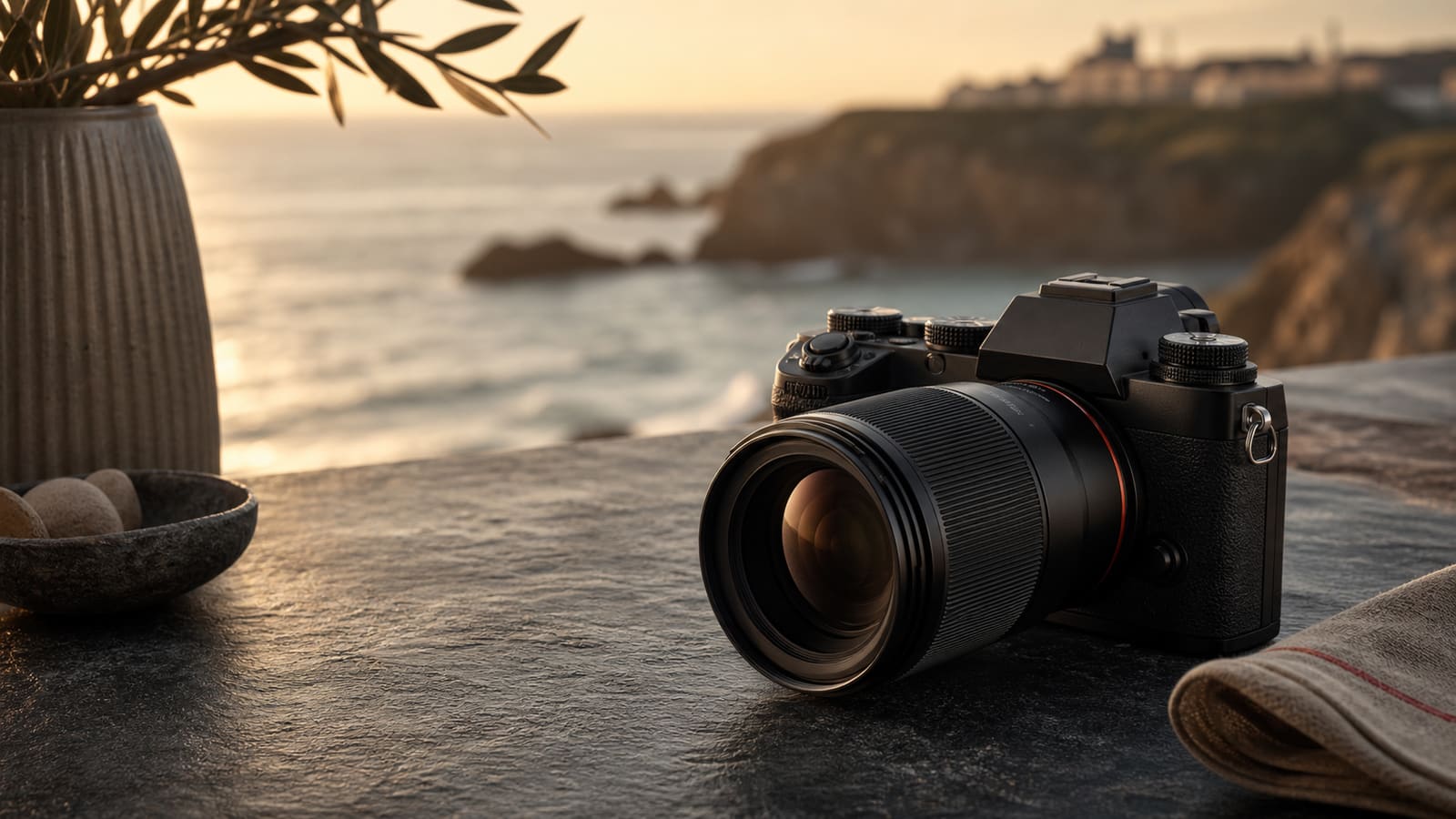 Câmara fotográfica e objectiva em ambiente editorial com luz natural